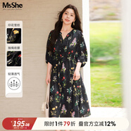 MsShe雪紡收腰碎花連衣裙大碼女裝2025秋裝胖mm巨顯瘦連衣裙子 【七分袖】雪紡連衣裙-黑色25年8月20日到貨 6XL