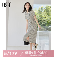 歐莎（OSA）圓領(lǐng)條紋連衣裙女夏季高級(jí)感捏褶收腰顯瘦小個(gè)子t恤裙中長款裙子 黑杏條紋 XL
