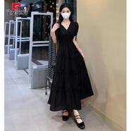 皮爾卡丹法式復古氣質(zhì)V領(lǐng)紅色連衣裙夏大碼胖mm收腰遮肚蕾絲花邊雪紡長(cháng)裙 黑色連衣裙夏季/夏裝/早春/春季/ L (100-120斤)