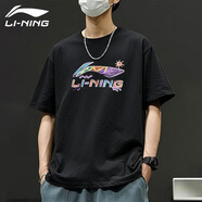 李寧棉質(zhì)短袖T恤男夏季薄款美式休閑寬松舒適青少年圓領(lǐng)體恤運(yùn)動(dòng)上衣 黑色印花T恤 【棉質(zhì)親膚】 2XL