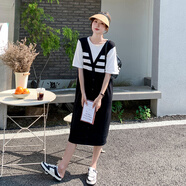 圣蔓緹條紋拼接假兩件連衣裙女夏2025新款氣質(zhì)時尚減齡休閑顯瘦t恤裙子 黑色品質(zhì)升級版 S 均碼