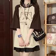 何佳功短袖t恤女2025新款純棉美式復古半袖上衣學(xué)生寬松休閑百搭打底衫 棕色拼杏色 L 【建議105-125斤】