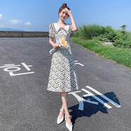 雪紡碎花裙中長款韓版修身顯瘦雪紡碎花連衣裙女夏季2024新款小個 黑白 S