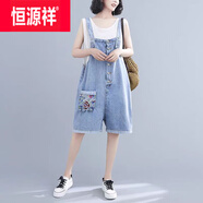 恒源祥刺繡森系小個(gè)子連衣裙女夏寬松民族風(fēng)吊帶裙子中長款牛仔背帶裙 淺藍(lán)色 3xl