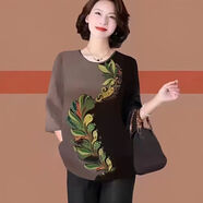 曼利鳥(niǎo)仿真絲女裝七分袖t恤2025夏中老年媽媽裝50-60歲洋氣寬松遮肚上衣 咖啡色 4XL 建議155-170斤