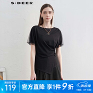 S.DEER圣迪奧女裝復古圓領壓褶盤扣網(wǎng)紗不規(guī)則T恤S24260101 黑色/91 S 160