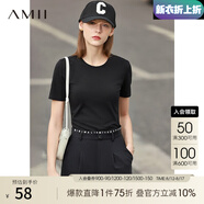 AMII夏新款短袖T恤女正肩設(shè)計(jì)感不規(guī)則褶皺開叉莫代爾上衣 黑色12240130 155/80A/S