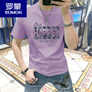 羅蒙（ROMON）歐洲站短袖體恤男2025夏季新款衣服男修身牛仔字母印花男裝上衣款 紫色 M (95-115斤)
