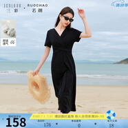 三彩若潮大碼女裝2025夏季新款交叉綁帶小黑裙連衣裙V領(lǐng)短袖胖MM 經(jīng)典黑 L 165/92B