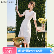 Olrain歐芮兒白色刺繡連衣裙女夏季收腰法式V領(lǐng)泡泡袖a字大擺裙 米白色 M 160/84A