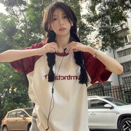 現(xiàn)寶蓮美式插肩短袖t恤少女大童夏季2025初中高中學生寬松上衣 P40385-酒紅拼杏【夏季上衣_大碼 M _建議體重【96-110斤】