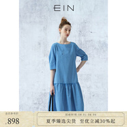 EIN言美拉藍多巴胺格紋泡泡袖圓領(lǐng)低腰壓褶休閑娃娃裙夏季新款 寶藍 M