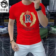 狄帝鯊 歐洲站夏季新款潮流時(shí)尚男裝重工燙鉆冰絲t恤男印花棉質(zhì)短袖男士 港灣-D139純棉【紅色】 3XL