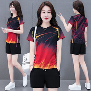 袋鼠（DAISHU）明星同款短袖短褲套裝女夏季運(yùn)動(dòng)服跑步服冰絲速干衣兩件套五分褲 大紅 2XL(推薦125-140體重)