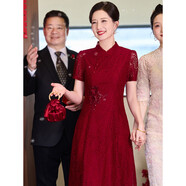 帕絲特喜婆婆中式立領(lǐng)蕾絲旗袍媽媽裝喜慶婚宴禮服裙 紅色 2XL