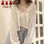 萬(wàn)欣兒夏季復古少女鏤空綁帶TT衫長(cháng)袖針織小開(kāi)衫外套女防曬薄款披肩上衣 米白色 M 【85-100斤】