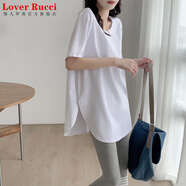 LOVER RUCCI純棉U領(lǐng)t恤短袖寬松中長款汗衫女夏裝弧形下擺開叉體恤蓋屁股上衣 03#白色【純色簡約/凈版/光板/搭 L 【建議120-135斤】左右