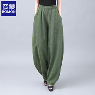羅蒙（ROMON）苧麻炒色做舊垂感寬松燈籠褲女褲子新款打坐寬松棉麻太極褲長(cháng)褲子 古銅綠 （砂炒） S  （褲長(cháng)94cm）85-145斤