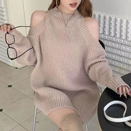 慵懶風(fēng)高級感半高領(lǐng)毛衣裙女秋冬季寬松中長款露肩掛脖針織衫上衣 卡其色 均碼