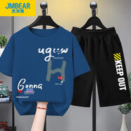 杰米熊（JMBEAR）童裝兒童套裝男童2025新款夏季純棉短袖中大童胖童夏裝運(yùn)動衣服潮 牛仔藍(lán)+黑褲 170  【體重95斤-110斤】