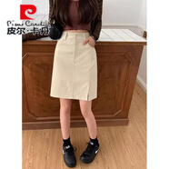皮爾 卡丹大碼咖色側(cè)開叉復(fù)古燈芯絨中裙女秋冬遮胯a字半身裙胖mm包臂短裙 杏色 S