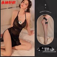 萱圖婭禁欲系女裝性感蕩領(lǐng)掛脖露背風(fēng)情萬種的裙子收腰顯瘦大碼連衣裙 黑套裝黑色網(wǎng)襪 S 建議體重80-100斤