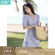 茵曼（INMAN）純棉法式氣質(zhì)連衣裙女裝2025夏季新品顯瘦V領(lǐng)泡泡袖A字長裙子 紫荊粉 -18525989 L