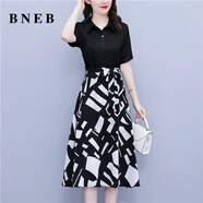 BNEB高端洋氣夏季連衣裙女2025新款收腰顯瘦印花拼接假兩件中長款裙子 黑色 【精品連衣裙】 5XL 建議（175-190斤）