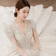 鉑朗尼奧婚紗新娘主紗2025高級感齊地重工新款質(zhì)V領(lǐng)小個子法式孕婦長袖大 白色拖尾款單婚紗無配飾 XL 均碼