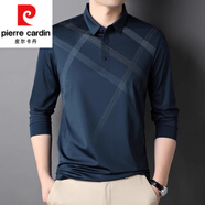 皮爾卡丹（pierre cardin）冰絲無痕長袖t恤彈力春秋薄款男士免燙翻領(lǐng)體恤高檔polo上衣男 深藍(lán) M -48(100-120斤)