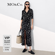 MO&Co.夏季V領(lǐng)開衩立裁印花長裙MBA2DRST29 摩安珂moco 黑底白花色 M