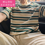 Fickan條紋短袖t恤男圓領(lǐng)夏季青少年寬松刺繡半袖衣服上衣服裝 綠色【塔形繡】 M