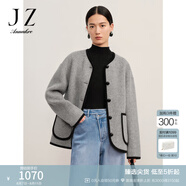 玖姿·安娜蔻日常休閑圓領(lǐng)落肩羊毛雙面尼外套短大衣女冬款 中灰 XL