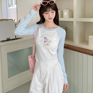 森女部落甜美風(fēng)可愛(ài)貓咪刺繡修身長(cháng)袖上衣百搭圓領(lǐng)T恤女2025新款 白色T恤 單件 S 模特碼