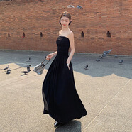 貞喜氣一字肩連衣裙兩穿女高級氣質(zhì)露肩收腰長(cháng)裙抹胸裙夏秋季旅游海邊裙 黑色 S