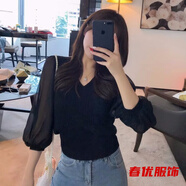 芭瑾圖春秋新款韓版潮流束腰V領(lǐng)中袖套頭百搭雪紡泡泡袖拼接針織衫上衣 黑色 均碼 彈力均碼建議75-120斤