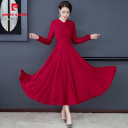 皮爾卡丹（pierre cardin）冰絲連衣裙子女裝貴夫人2025年新款高端洋氣質(zhì)冰感紅色大擺 酒紅色 M