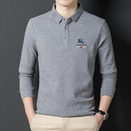 啄木鳥100純棉刺繡長袖t恤男春秋商務休閑中青年吸汗透氣polo翻領衫上衣 7615灰色-單面 100%全棉柔軟舒適 M 165M-100斤--115斤