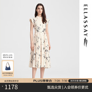 歌力思（ELLASSAY）春夏新款荷葉邊新中式素雅印花長(zhǎng)裙垂墜連衣裙女EWB332Y07300 黑花卉 L