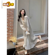 初徑法式茶歇長(cháng)袖連衣裙女春秋設計感鏤空罩衫甜美初戀溫柔風(fēng)文藝長(cháng)裙 米白色套裝兩件套 M 建議96-110斤