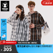 GENANX閃電潮牌秋冬新品長袖襯衫男經典復古格紋不對稱拼接連帽薄款襯衣 咖啡格 S 【寬松版】請參考尺碼或客服