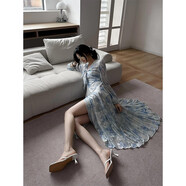 酷章（KUZHANG）法式藍(lán)色碎花雪紡長(zhǎng)袖連衣裙女春夏季海邊度假絕美氣質(zhì)收腰長(zhǎng)裙子 連衣裙 S 現(xiàn)貨直發(fā)贈(zèng)運(yùn)費(fèi)險(xiǎn)