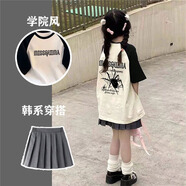 中大童2025新款夏季套裝學(xué)院風(fēng)純棉短袖T恤+百褶短裙休閑兩件女童 黑拼白+短裙【蜘蛛字母】 140 碼