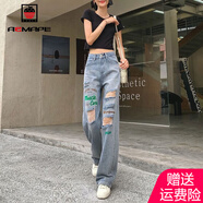 AEMAPE褲子女裝2025春夏秋季新款時尚高腰破洞闊腿牛仔褲女薄款拖地褲 MX-10-5019_藍色 M 建議95-105斤