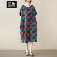 簡當(dāng)夏季大碼女裝寬松顯瘦連衣裙文藝洋氣復(fù)古短袖遮肉中長裙XR686 683幾何 均碼 【130-185斤】