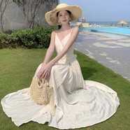 妙奕嘉白色連衣裙女裙子夏天2025新款高級感法式禮服海邊度假風(fēng)沙灘長(cháng)裙 法式復古V領(lǐng)吊帶連衣裙 S 【建議90-110斤】