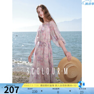 三彩2025春季新款碎花雪紡連衣裙圓領(lǐng)七分袖長(zhǎng)裙寬松度假浪漫M 煙粉色花卉 L 165/88A