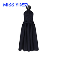 MISS YINER藏青色露背交叉掛脖連衣裙女夏季純欲收腰大擺長(zhǎng)裙設(shè)計(jì)感a字裙子 藏青色 S