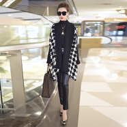 毛衣女秋冬加厚網(wǎng)紅外搭高端斗篷披肩外套羊毛長(cháng)袖千鳥(niǎo)格針織開(kāi)衫 黑色 M 建議95-115斤