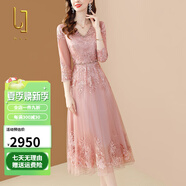 OLJ高檔品牌連衣裙女2025年夏季新款氣質(zhì)重工繡花網(wǎng)紗鑲鉆刺繡裙子 粉色 M